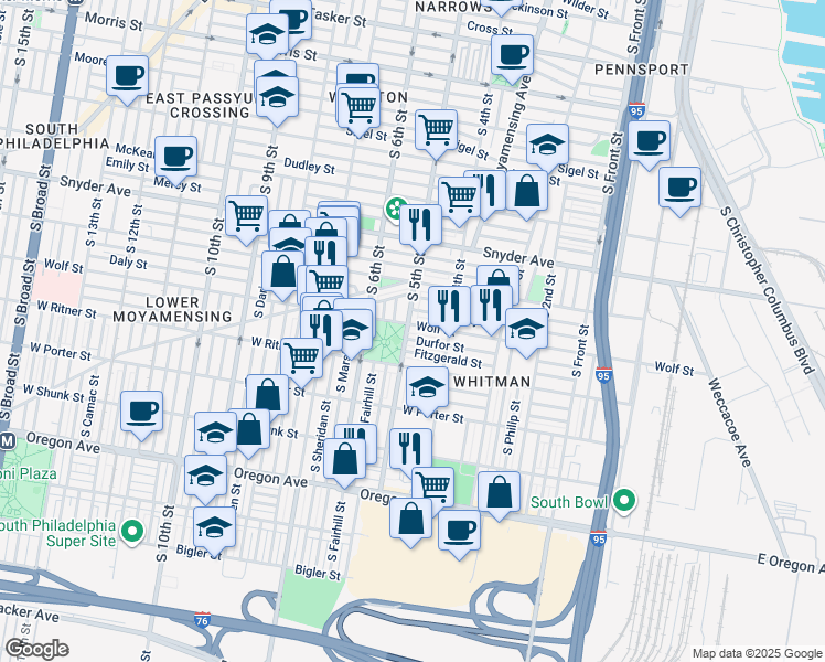 map of restaurants, bars, coffee shops, grocery stores, and more near 454 Durfor Street in Philadelphia
