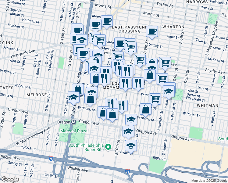 map of restaurants, bars, coffee shops, grocery stores, and more near 1032 West Moyamensing Avenue in Philadelphia
