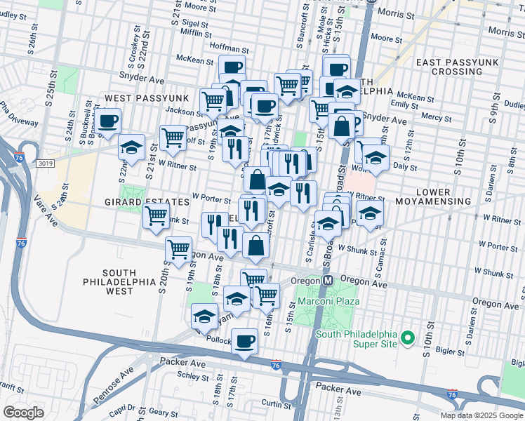 map of restaurants, bars, coffee shops, grocery stores, and more near 2519 South 17th Street in Philadelphia