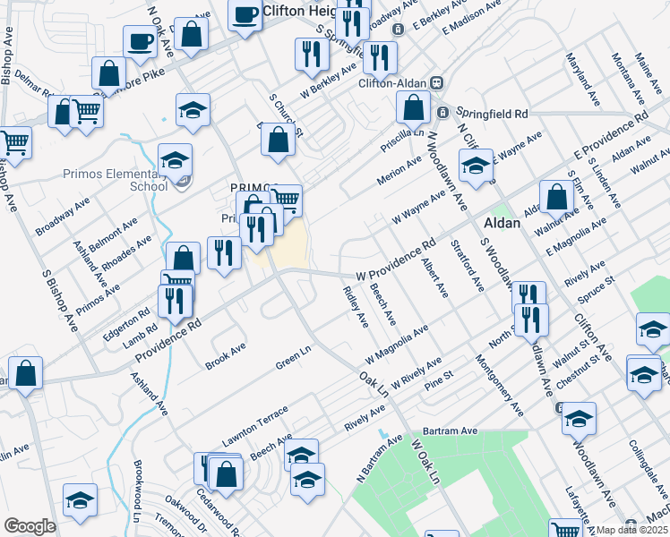 map of restaurants, bars, coffee shops, grocery stores, and more near 601 West Providence Road in Aldan