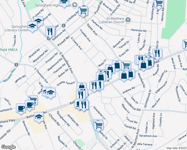 map of restaurants, bars, coffee shops, grocery stores, and more near 521 Philmar Court in Springfield