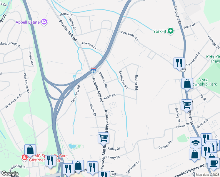 map of restaurants, bars, coffee shops, grocery stores, and more near 1843 Roxboro Road in York