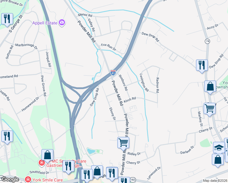 map of restaurants, bars, coffee shops, grocery stores, and more near 1835 Powder Mill Road in York