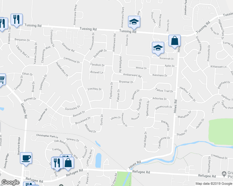 map of restaurants, bars, coffee shops, grocery stores, and more near 3136 Fabyan Drive in Reynoldsburg