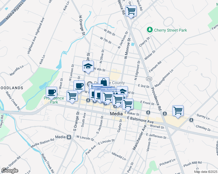 map of restaurants, bars, coffee shops, grocery stores, and more near 201 North Jackson Street in Media