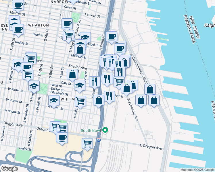 map of restaurants, bars, coffee shops, grocery stores, and more near 21 Wolf Street in Philadelphia