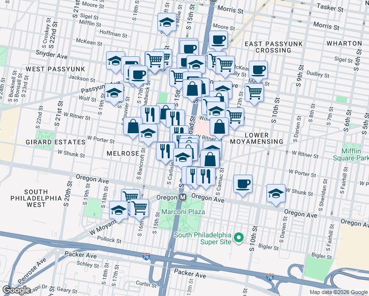 map of restaurants, bars, coffee shops, grocery stores, and more near 2432 South Broad Street in Philadelphia