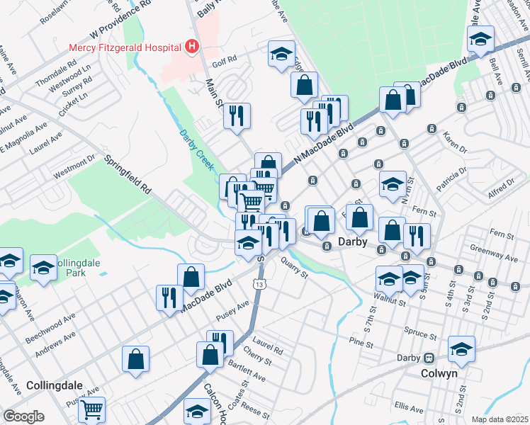 map of restaurants, bars, coffee shops, grocery stores, and more near 199 South Macdade Boulevard in Darby