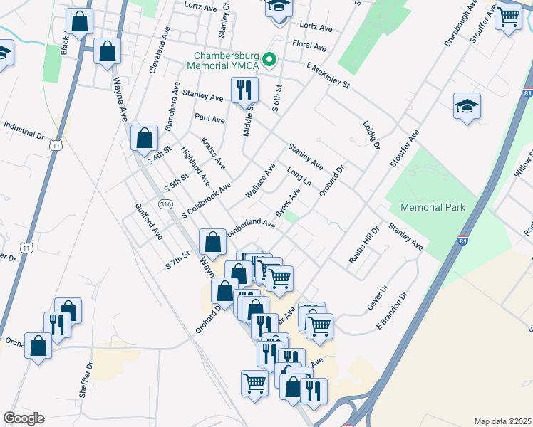 map of restaurants, bars, coffee shops, grocery stores, and more near 725 Cumberland Avenue in Chambersburg