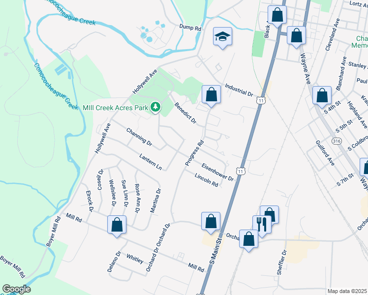 map of restaurants, bars, coffee shops, grocery stores, and more near 170 Lantern Lane in Chambersburg