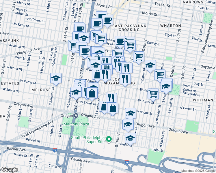 map of restaurants, bars, coffee shops, grocery stores, and more near 2408 South Sartain Street in Philadelphia