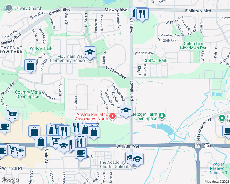 map of restaurants, bars, coffee shops, grocery stores, and more near 12233 Deerfield Way in Broomfield