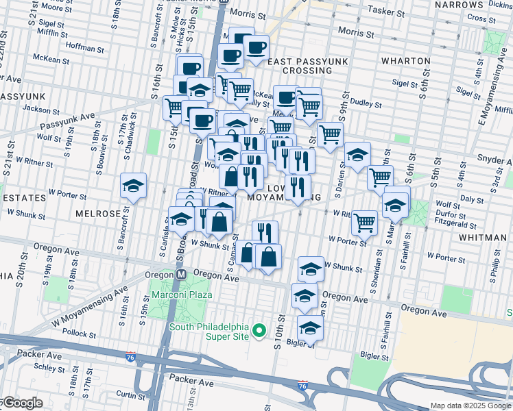 map of restaurants, bars, coffee shops, grocery stores, and more near 2408 South Sartain Street in Philadelphia