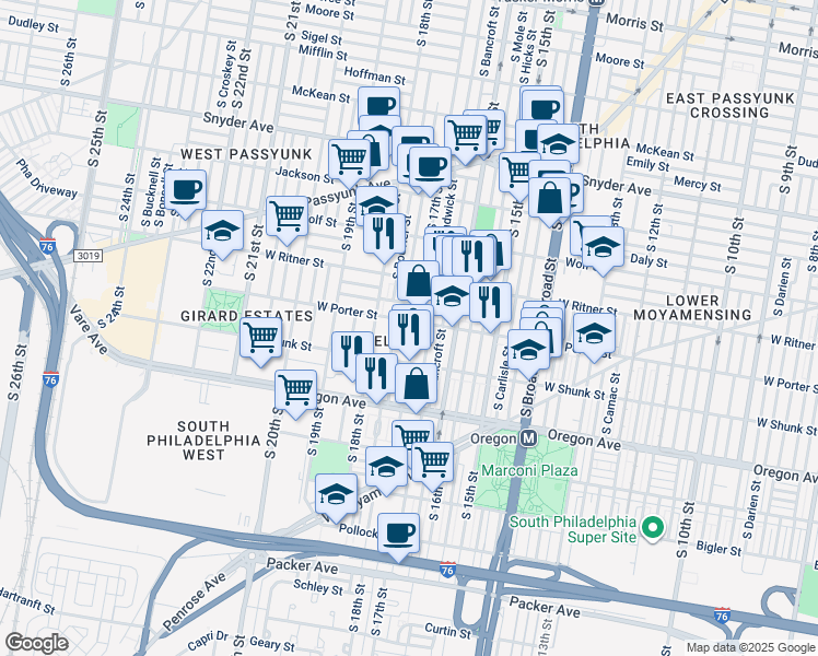 map of restaurants, bars, coffee shops, grocery stores, and more near 2506 South 17th Street in Philadelphia