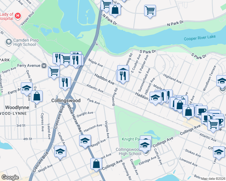 map of restaurants, bars, coffee shops, grocery stores, and more near 250 Atlantic Avenue in Collingswood