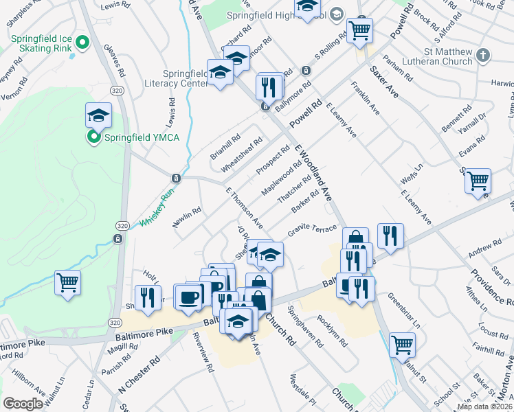 map of restaurants, bars, coffee shops, grocery stores, and more near 498 Thatcher Road in Springfield