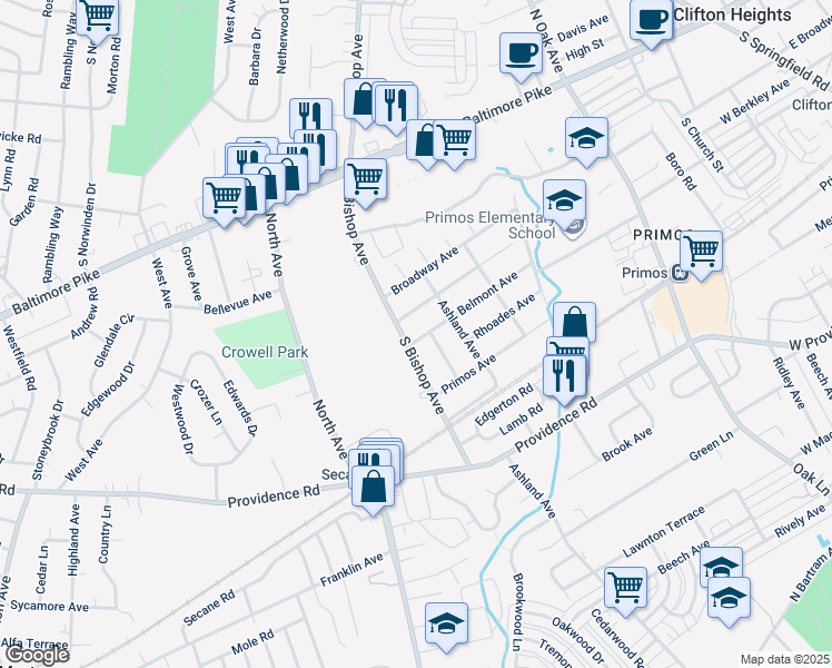 map of restaurants, bars, coffee shops, grocery stores, and more near 1119 Belmont Avenue in Delaware County