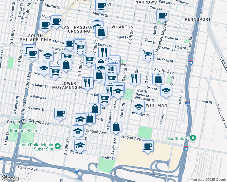 map of restaurants, bars, coffee shops, grocery stores, and more near 640 Durfor Street in Philadelphia
