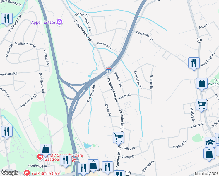 map of restaurants, bars, coffee shops, grocery stores, and more near 1835 Powder Mill Road in York