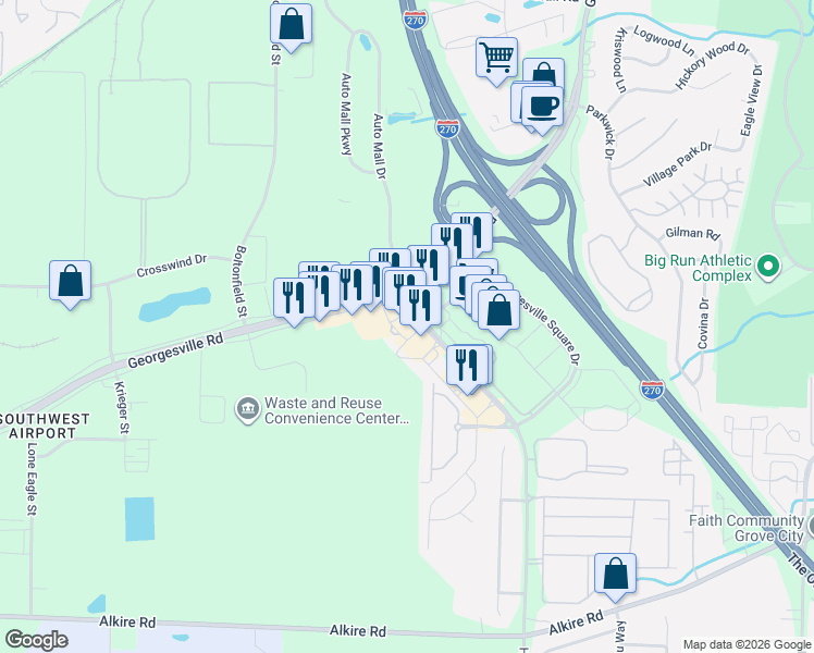 map of restaurants, bars, coffee shops, grocery stores, and more near 1583 Holt Rd in Columbus