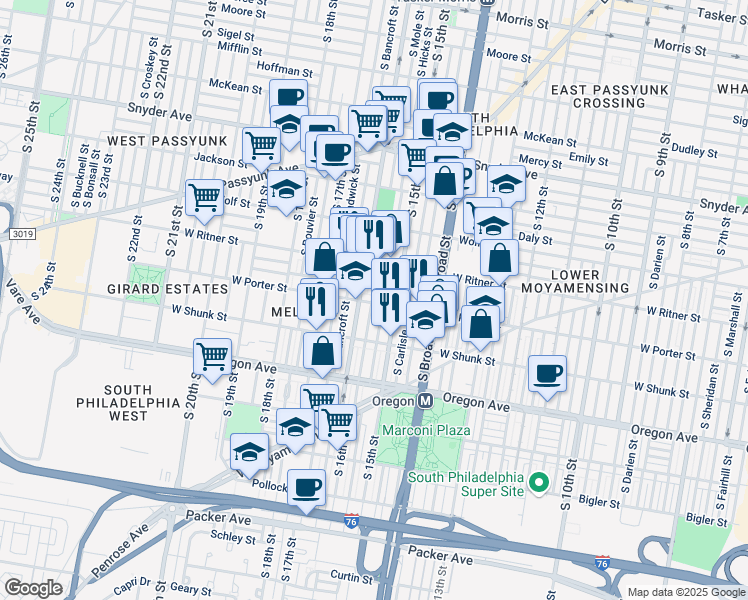 map of restaurants, bars, coffee shops, grocery stores, and more near 1527 West Porter Street in Philadelphia