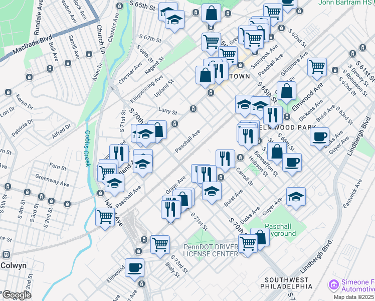 map of restaurants, bars, coffee shops, grocery stores, and more near 6921 Linmore Avenue in Philadelphia
