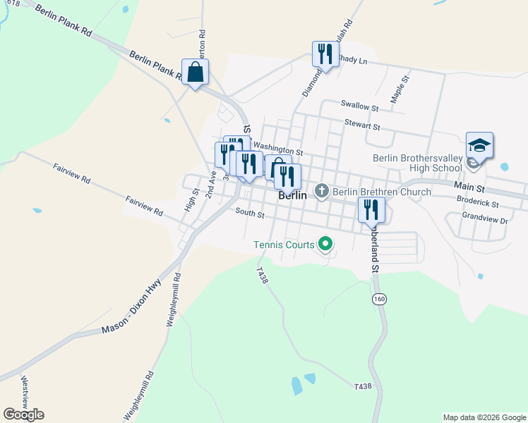 map of restaurants, bars, coffee shops, grocery stores, and more near 404 South Street in Berlin