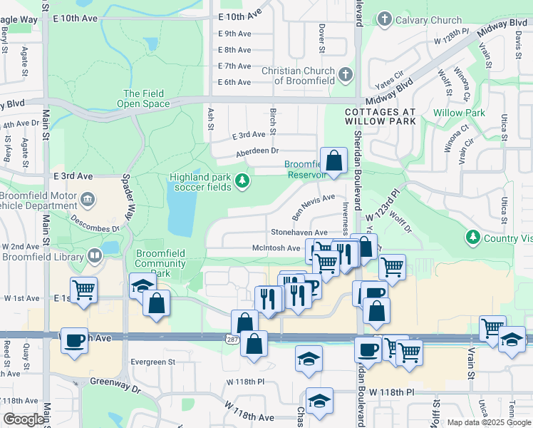 map of restaurants, bars, coffee shops, grocery stores, and more near Kirkwall Street in Broomfield
