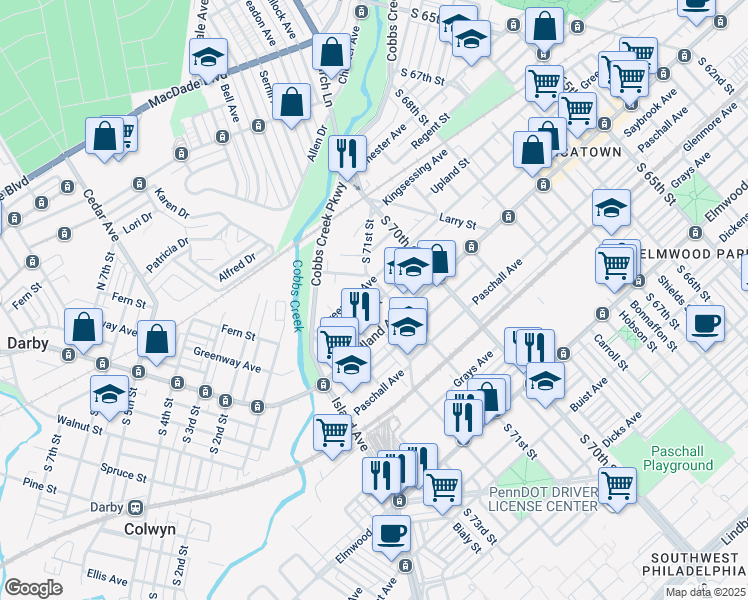 map of restaurants, bars, coffee shops, grocery stores, and more near 7111 Yocum Street in Philadelphia