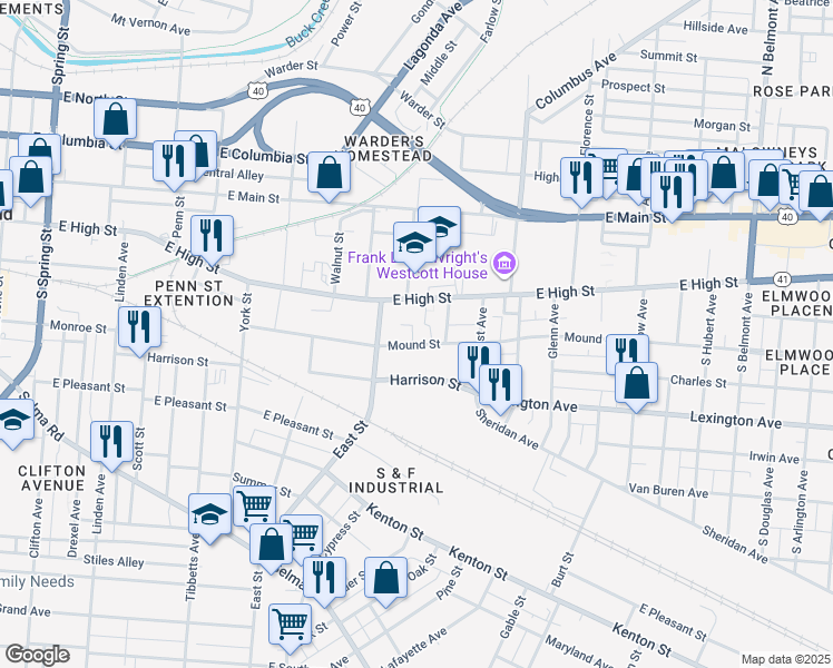 map of restaurants, bars, coffee shops, grocery stores, and more near 1086 Mound Street in Springfield
