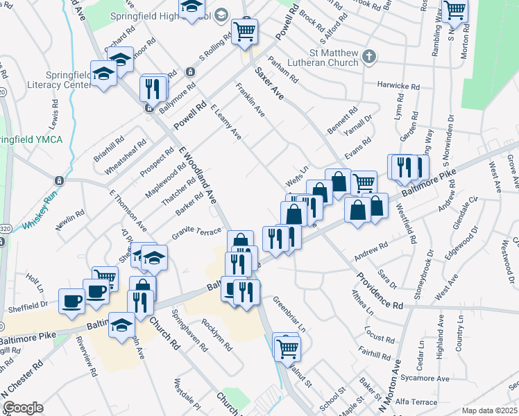 map of restaurants, bars, coffee shops, grocery stores, and more near 508 Philmar Court in Springfield