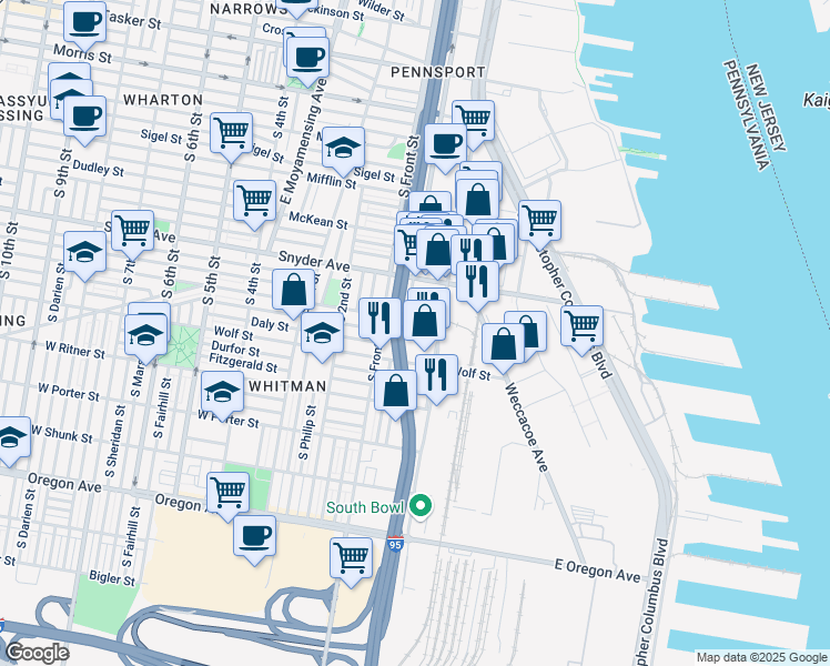 map of restaurants, bars, coffee shops, grocery stores, and more near 2200 South Swanson Street in Philadelphia