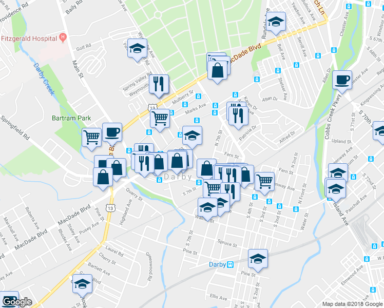 map of restaurants, bars, coffee shops, grocery stores, and more near 120 Summit Street in Darby