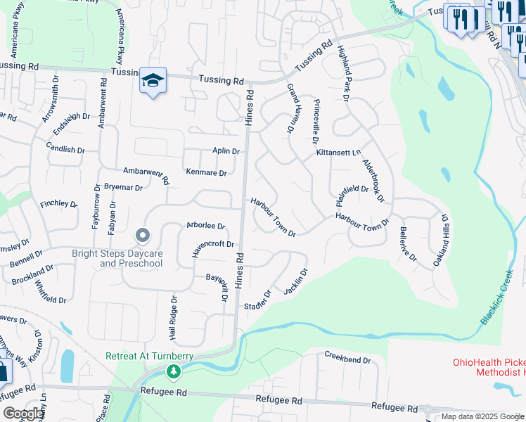map of restaurants, bars, coffee shops, grocery stores, and more near 7405 Harbour Town Drive in Pickerington