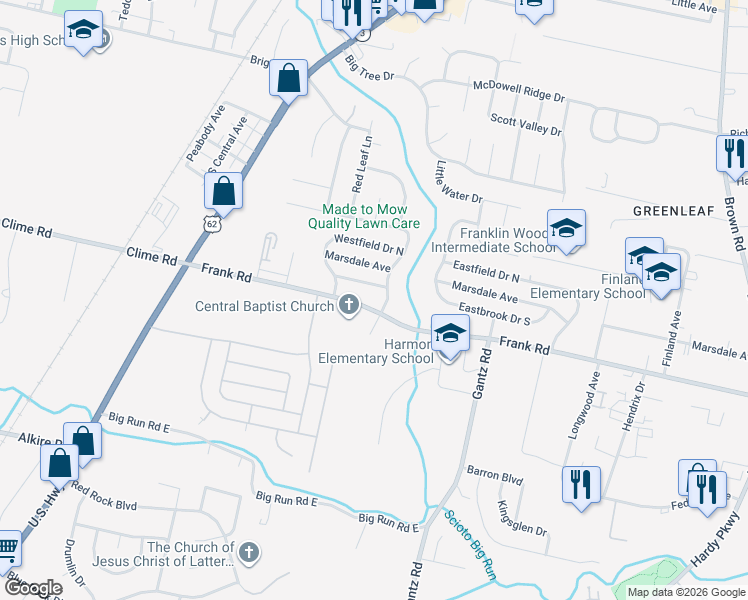 map of restaurants, bars, coffee shops, grocery stores, and more near 1926 Frank Road in Columbus