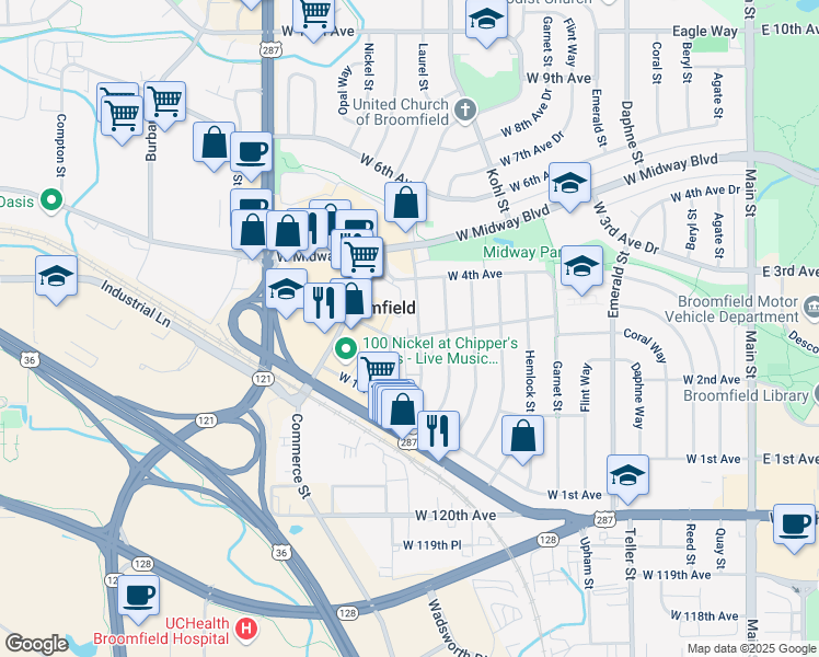 map of restaurants, bars, coffee shops, grocery stores, and more near 290 Marble Street in Broomfield