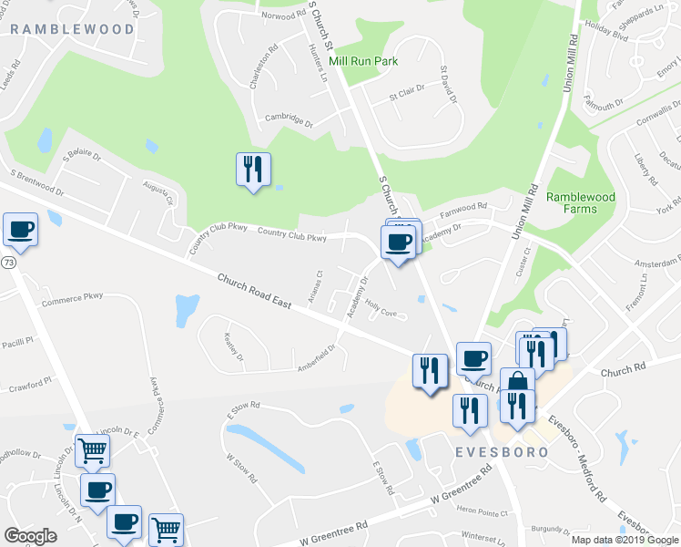 map of restaurants, bars, coffee shops, grocery stores, and more near 102B Mulberry Cove in Mount Laurel Township