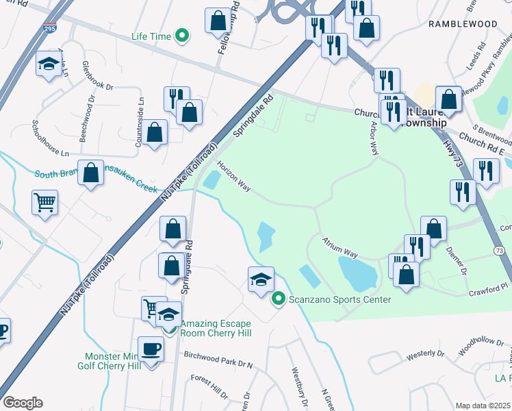 map of restaurants, bars, coffee shops, grocery stores, and more near 17000 Horizon Way in Mt Laurel