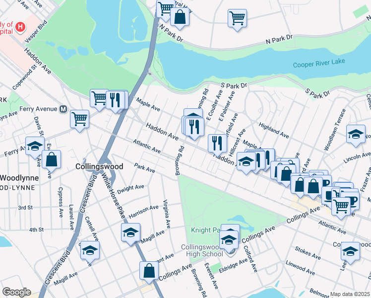 map of restaurants, bars, coffee shops, grocery stores, and more near 9 West Coulter Avenue in Collingswood