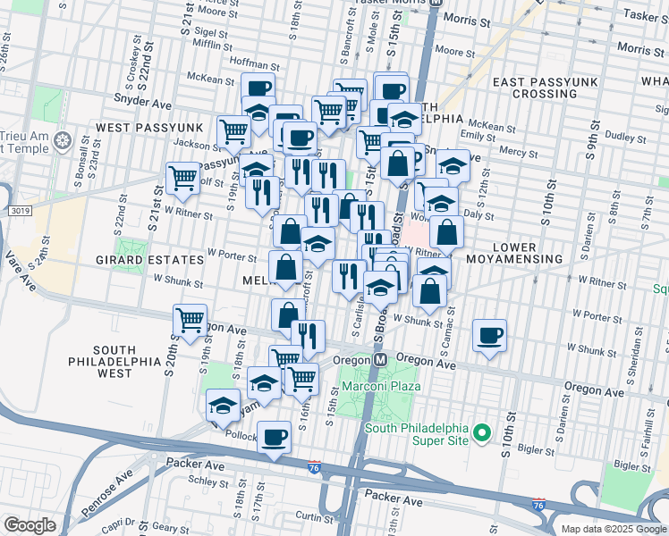 map of restaurants, bars, coffee shops, grocery stores, and more near in Philadelphia
