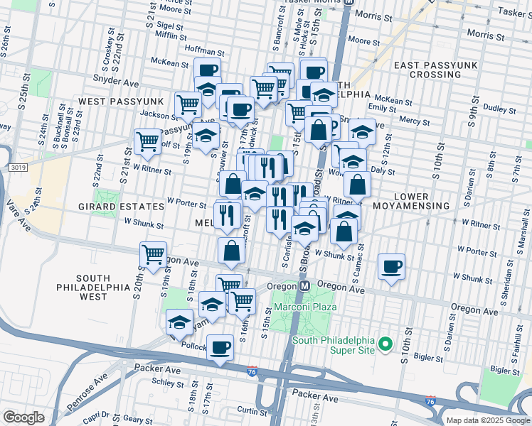 map of restaurants, bars, coffee shops, grocery stores, and more near in Philadelphia