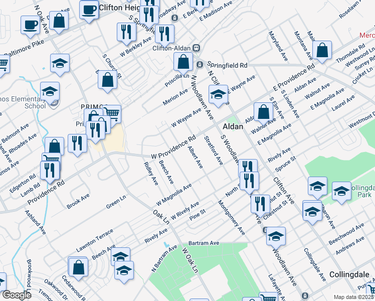 map of restaurants, bars, coffee shops, grocery stores, and more near 16 Albert Avenue in Aldan