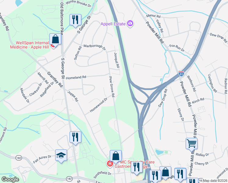 map of restaurants, bars, coffee shops, grocery stores, and more near 2431 Pine Grove Road in York