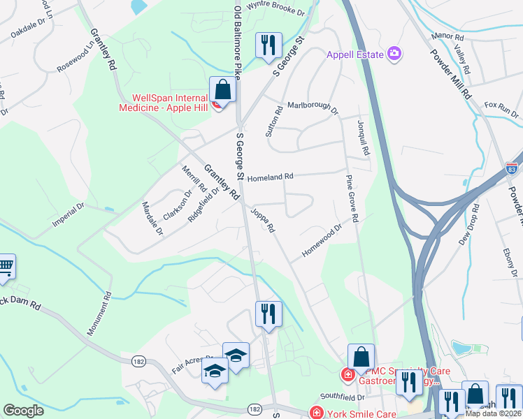 map of restaurants, bars, coffee shops, grocery stores, and more near 2424 Joppa Road in York