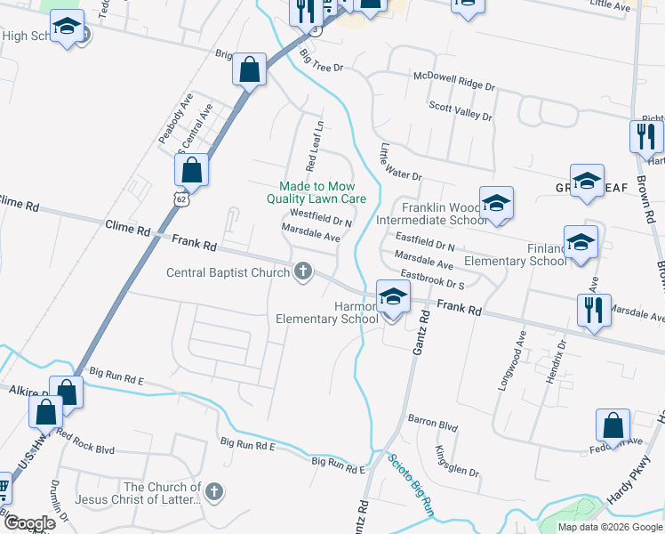 map of restaurants, bars, coffee shops, grocery stores, and more near 1926 Frank Road in Columbus