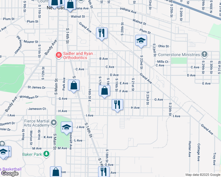 map of restaurants, bars, coffee shops, grocery stores, and more near 1851-1899 F Ave in New Castle