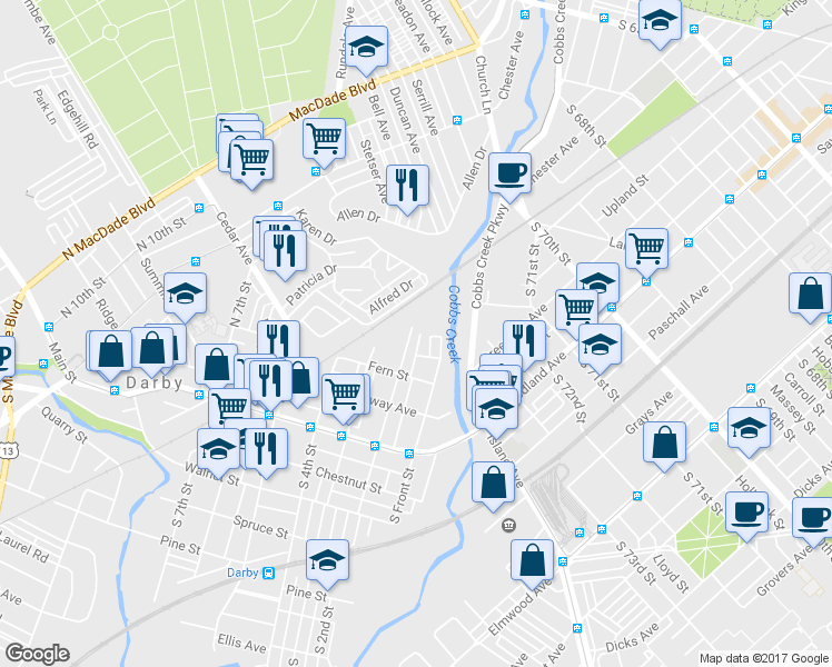 map of restaurants, bars, coffee shops, grocery stores, and more near 229 North 2nd Street in Darby