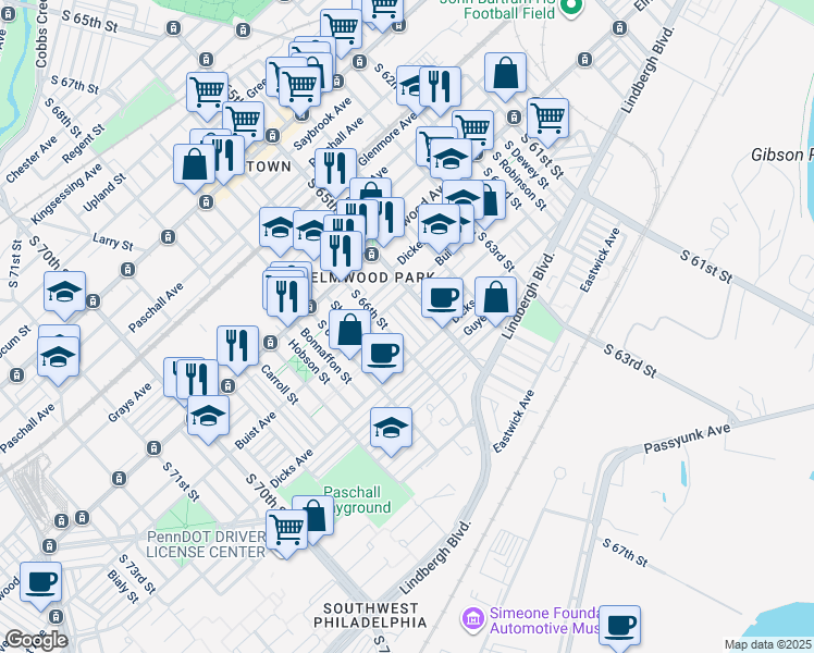 map of restaurants, bars, coffee shops, grocery stores, and more near 2628 South Daggett Street in Philadelphia