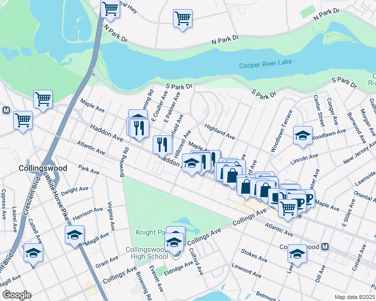 map of restaurants, bars, coffee shops, grocery stores, and more near 17 East Zane Avenue in Collingswood