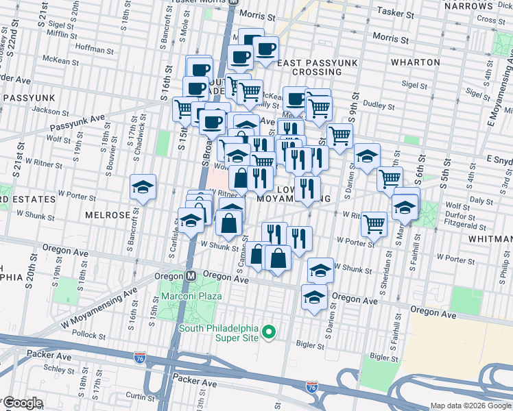 map of restaurants, bars, coffee shops, grocery stores, and more near 2424 South Sartain Street in Philadelphia